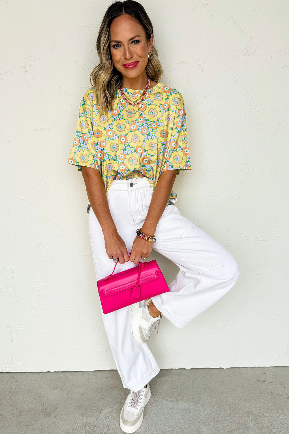 Yellow Flower Print Drop Shoulder Loose T Shirt | Summer Boho Tee