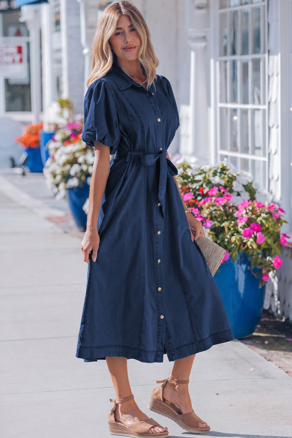 Makayla Bubble Sleeve Denim Button Down Midi Dress in Dark Blue