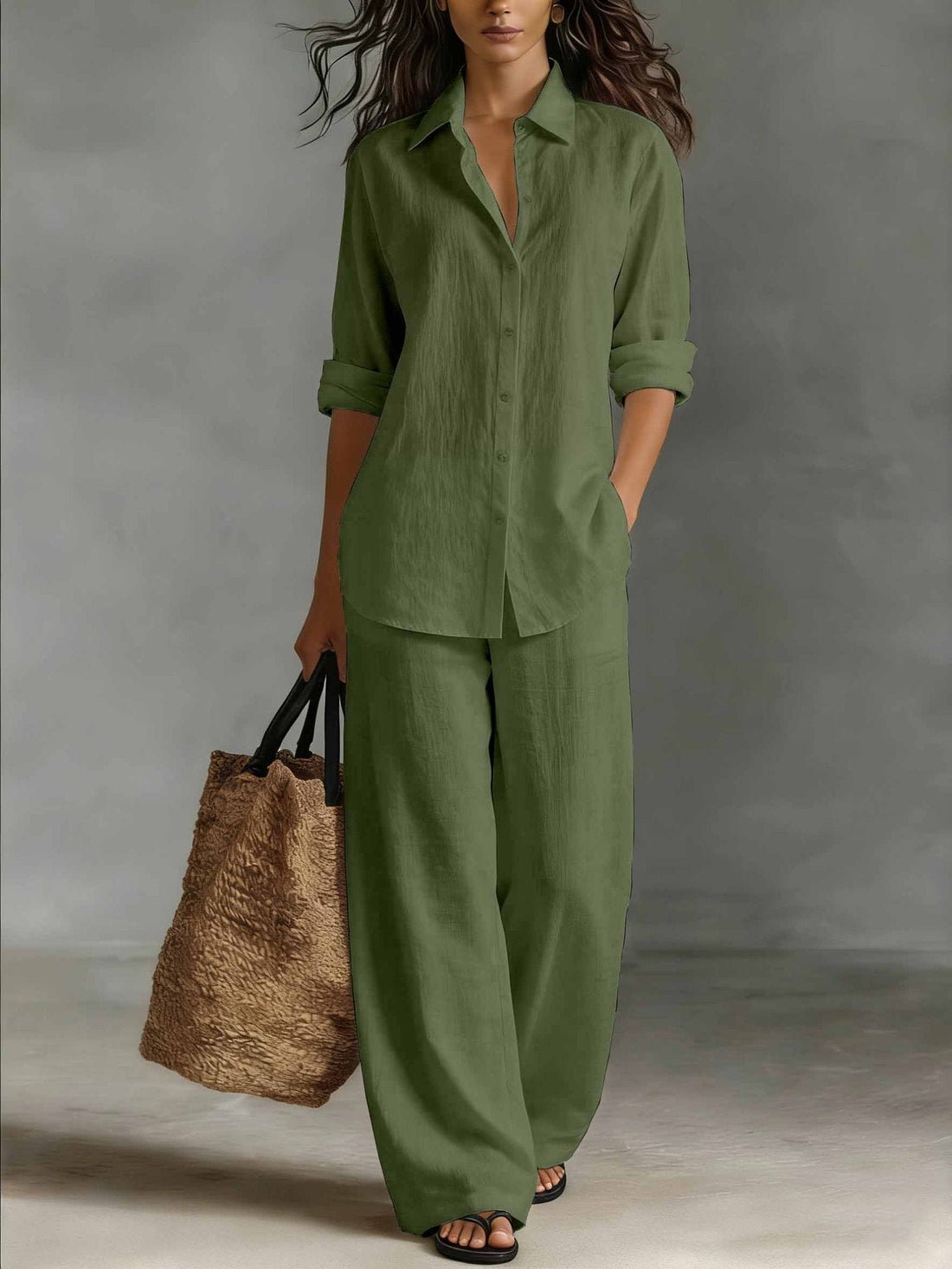 Women's Bohemian Cotton-Linen Button-Down Top and Pant Set - Image 6
