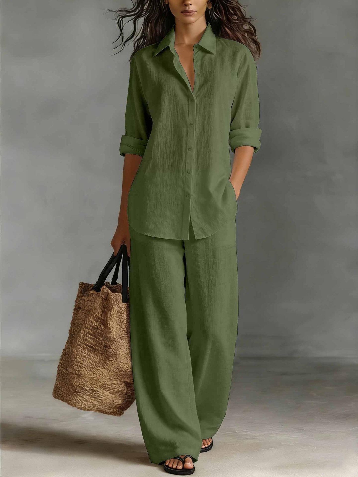 Women's Bohemian Cotton-Linen Button-Down Top and Pant Set - Image 6
