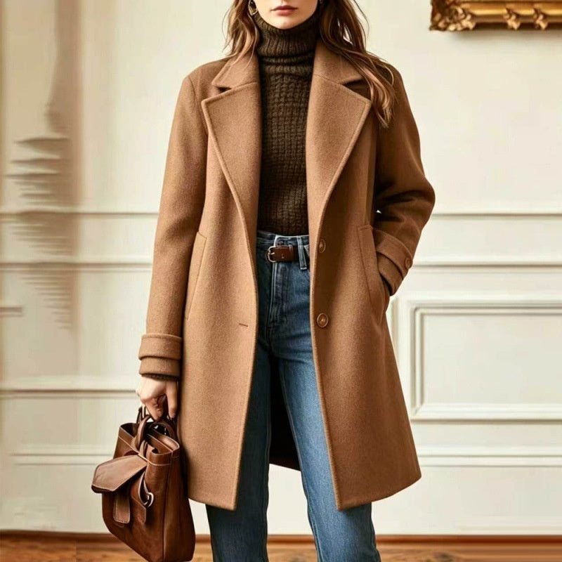 Women's Button-Front Mid-Length Lapel Coat