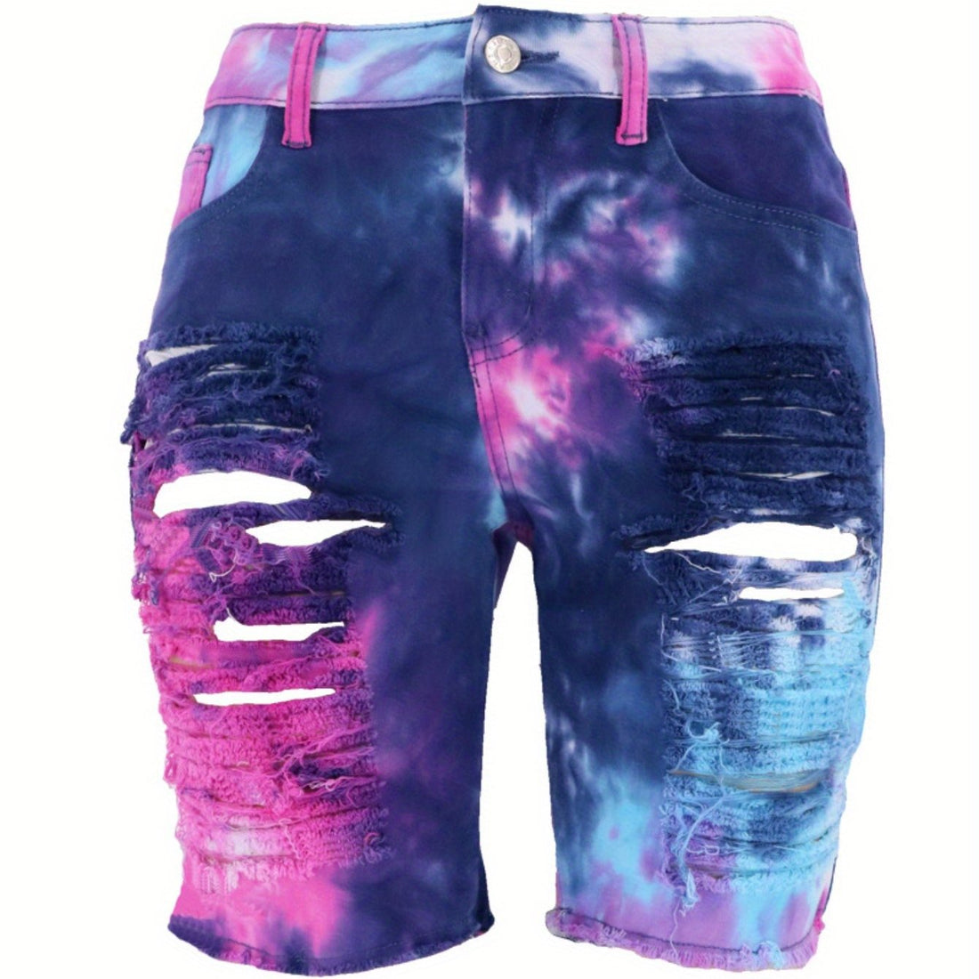 Women High Waist Tie-Dye Distressed Denim Mid-Length Shorts - Image 9