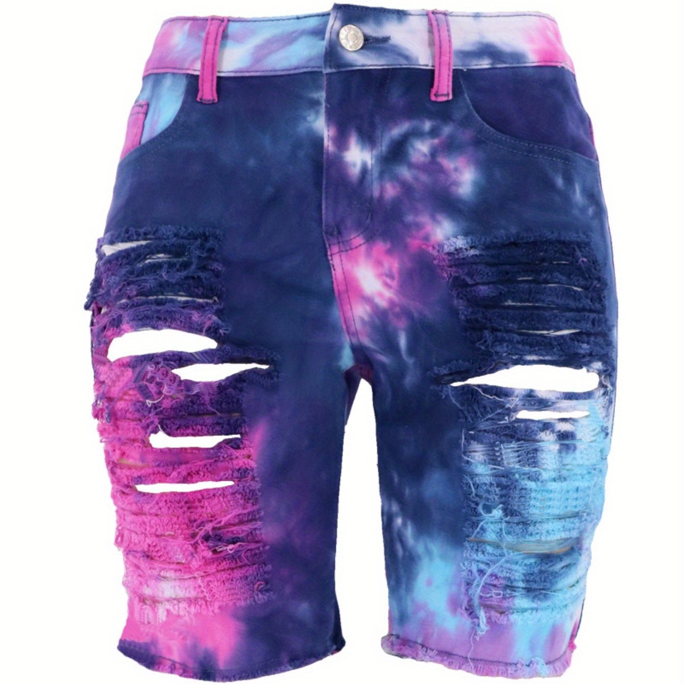 Women High Waist Tie-Dye Distressed Denim Mid-Length Shorts - Image 9