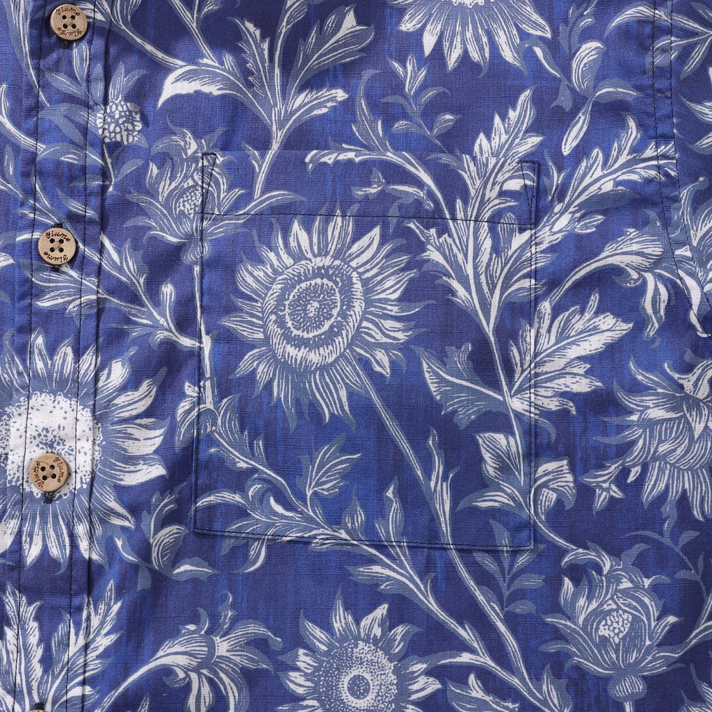 Blue and White Sunflower Print Cotton Short Sleeve Shirt
