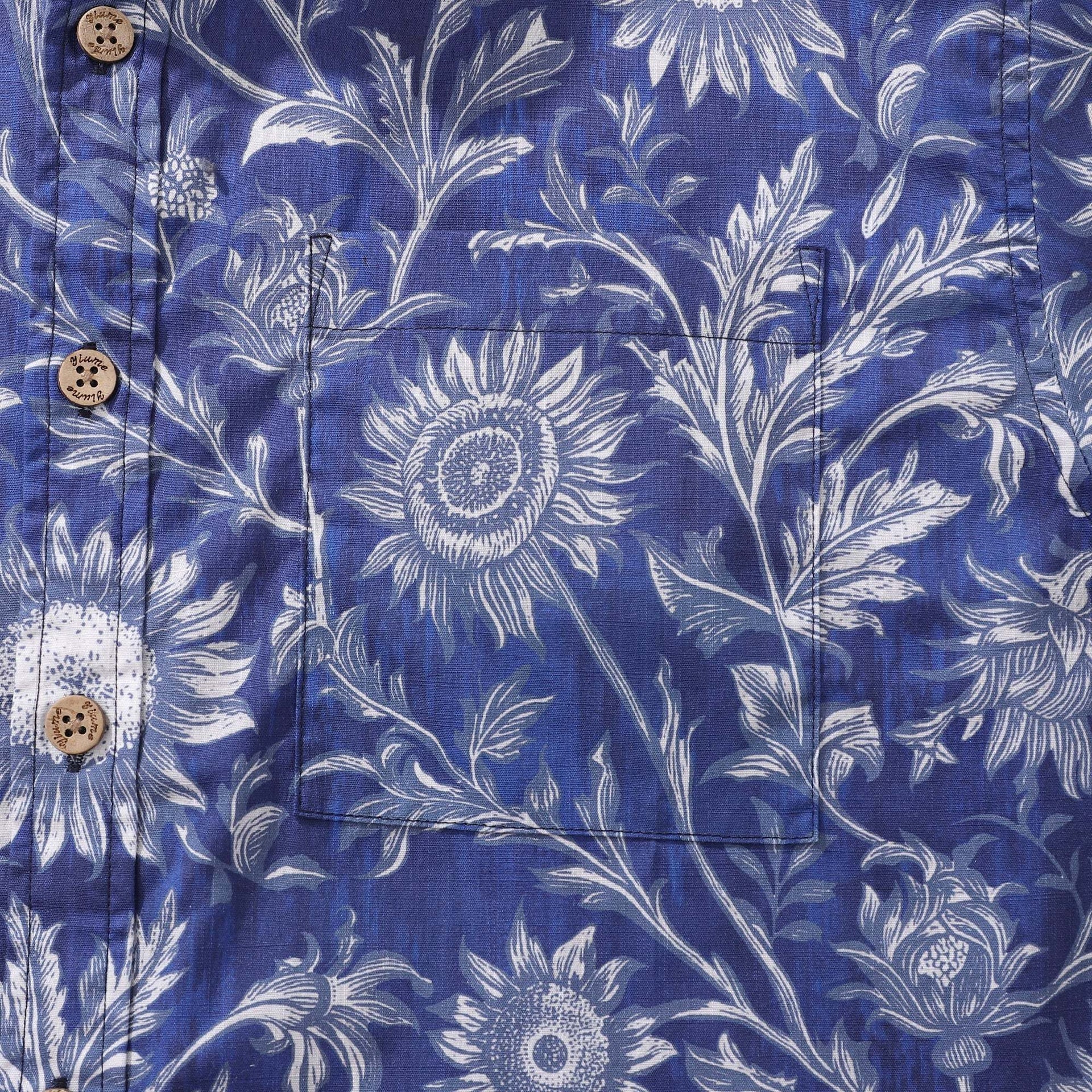 Blue and White Sunflower Print Cotton Short Sleeve Shirt