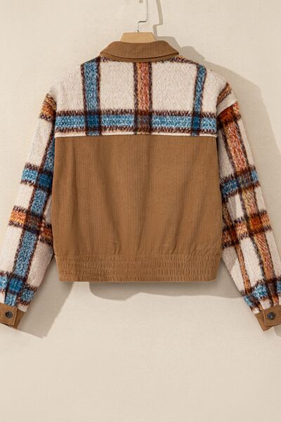 Plaid Corduroy Button Up Jacket with Flap Pockets