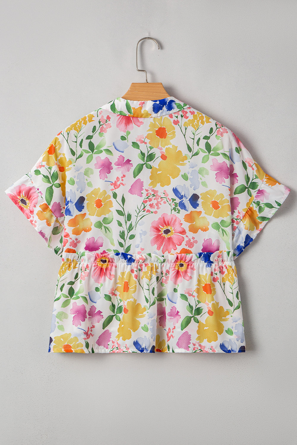 Yellow Floral Boxy V Neck Blouse with Ruffled Short Sleeves