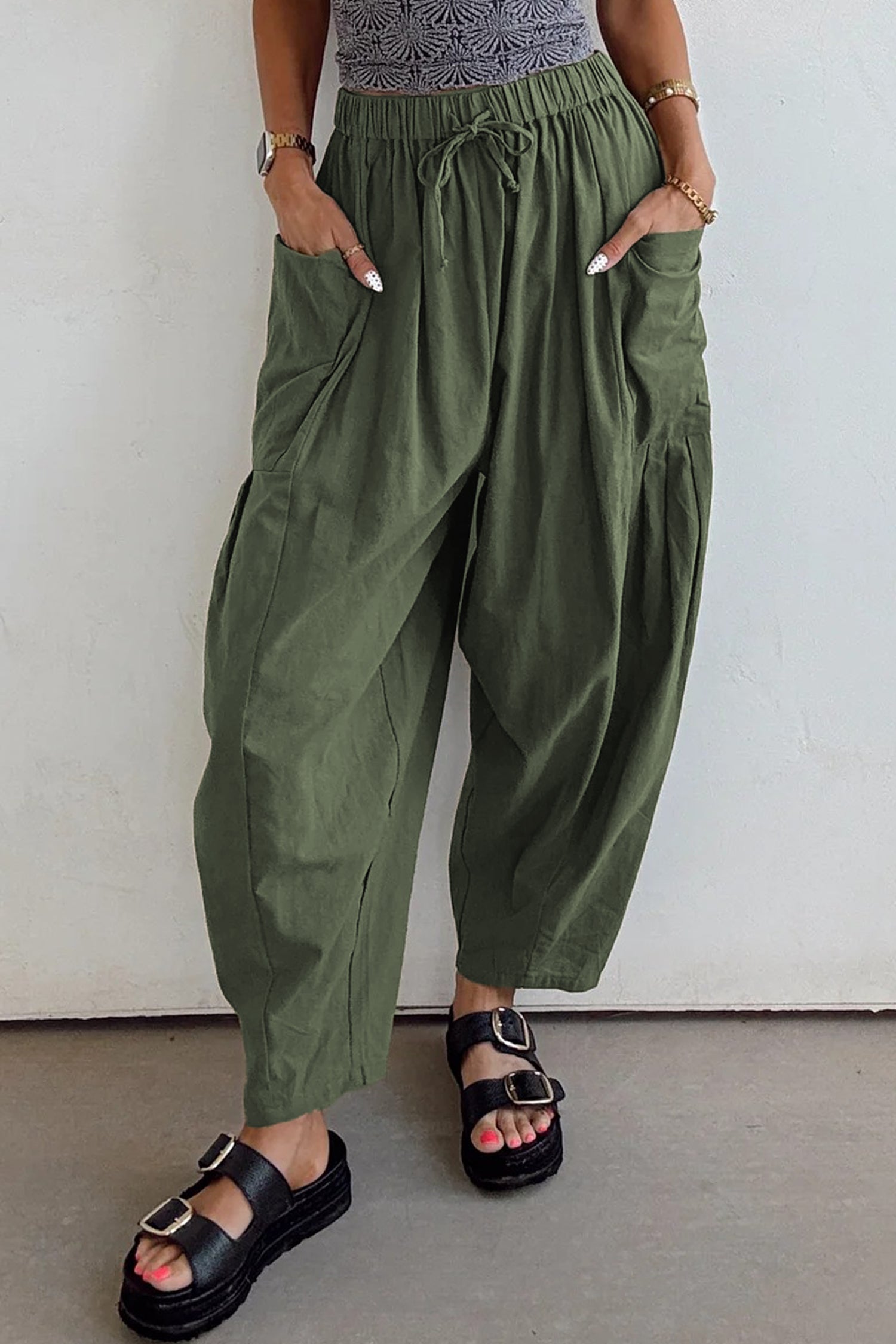 Jungle Green Drawstring Barrel Leg Casual Pants