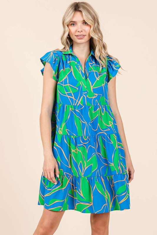Leaf Print Ruffle Sleeve Tiered Mini Dress