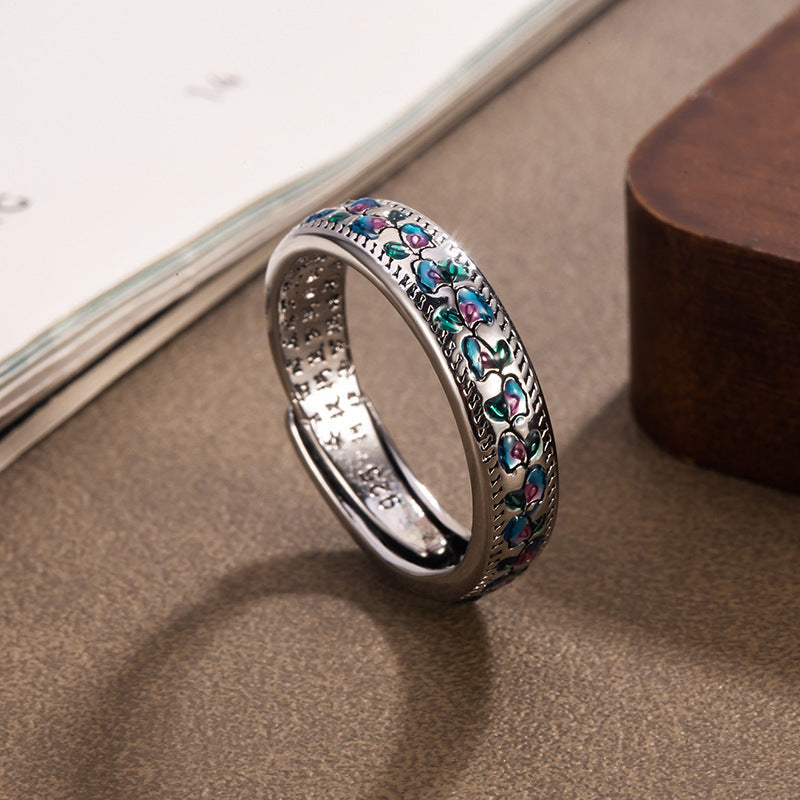 Seven-Color Traditional Enamel Sutra Ring With Apricot-Leaf Vine Pattern