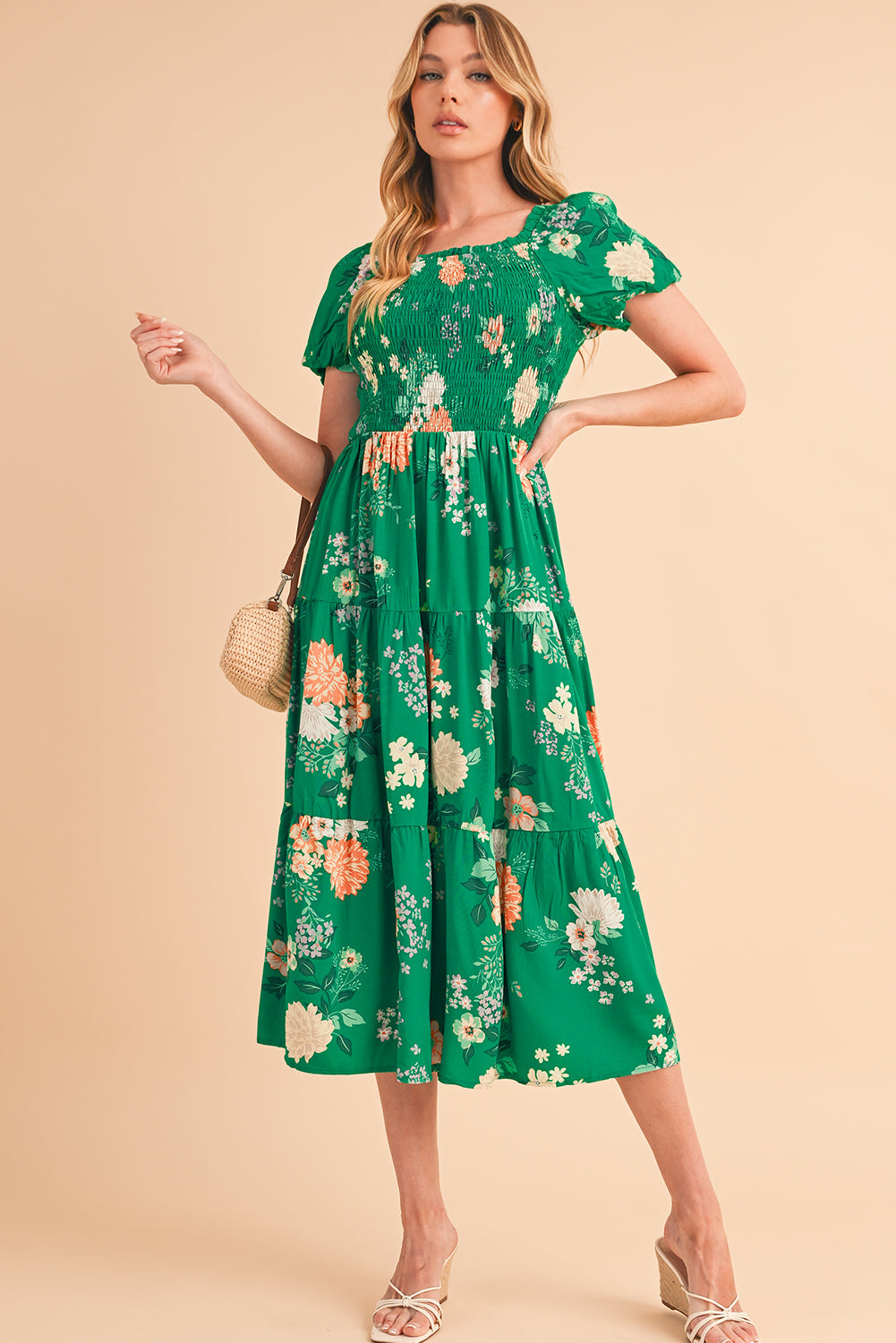 Green Floral Bubble Sleeve Smocked Midi Dress | Viscose