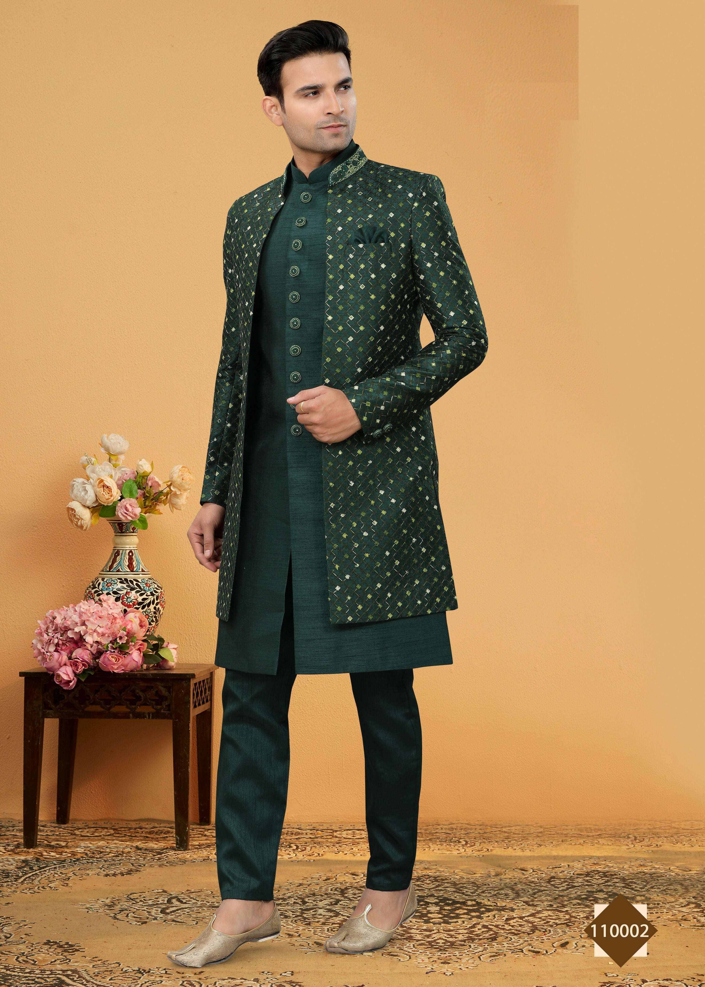 Boys' Green Art Silk Straight Kurta Pyjama Set - Festive Ethnic Wear