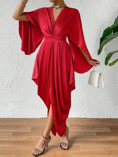 Women's Pleated Wave Dress with Cape Sleeves and High Slit - Image 4