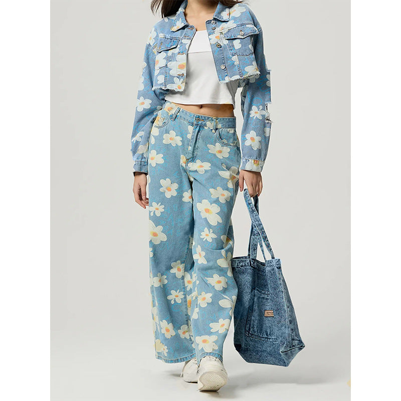 Women's Vintage Floral Print Straight-Leg Jeans Blue Denim - Image 6