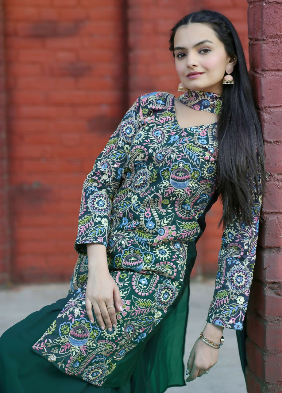 Green Silk Embroidered Sharara Set - Traditional Kurti Outfit