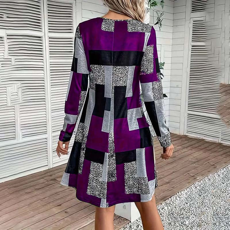 Women's Round Neck Long Sleeve Patchwork Print Casual Dress - Image 7