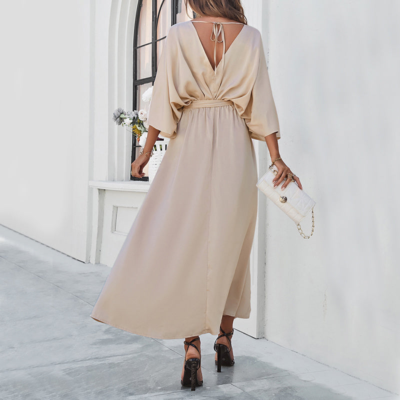 Women's V-Neck Bat Sleeve Long Dress with Split Hem and Lace-Up