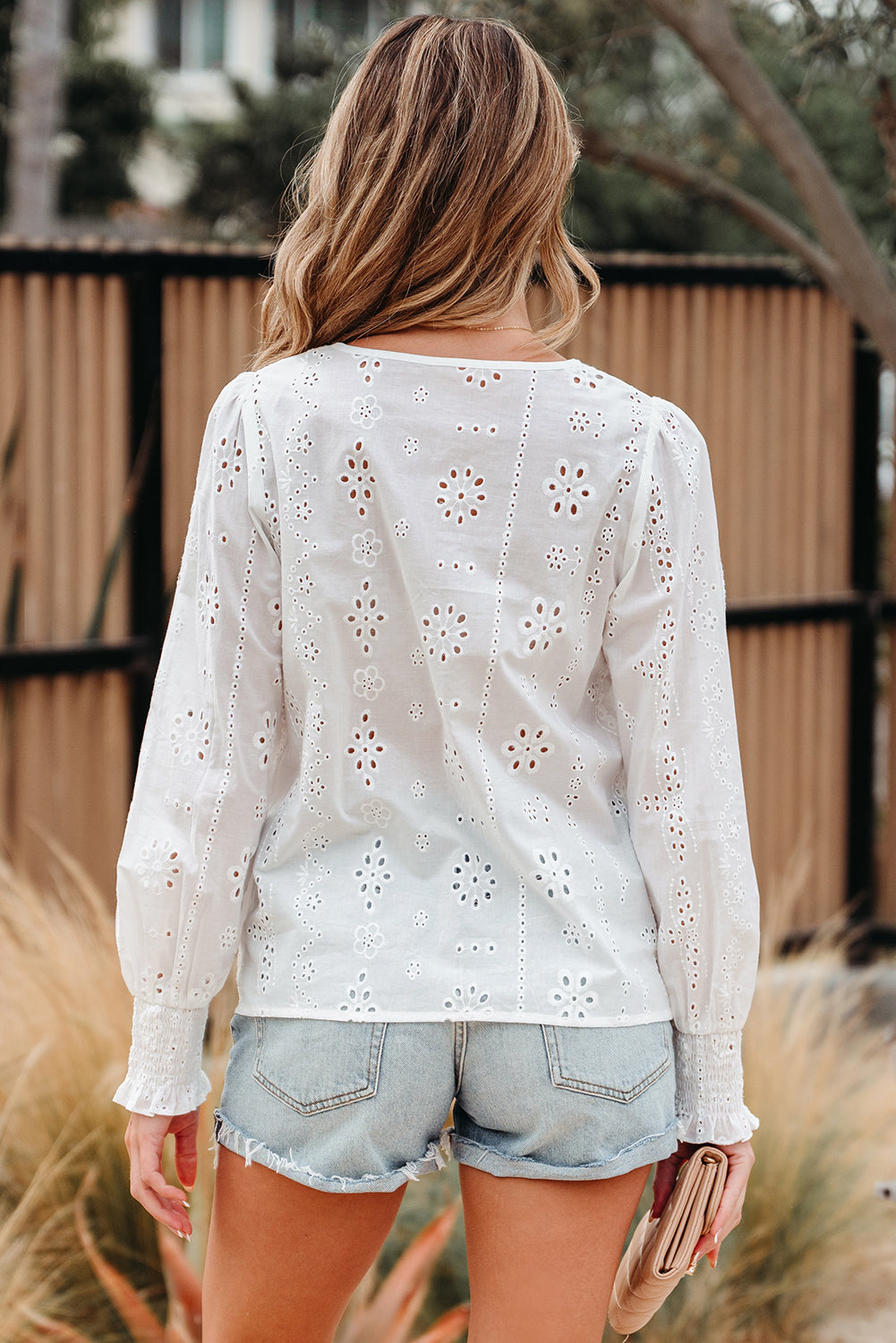 White Solid Eyelet Embroidered Long Sleeve Smocked Blouse - Image 2