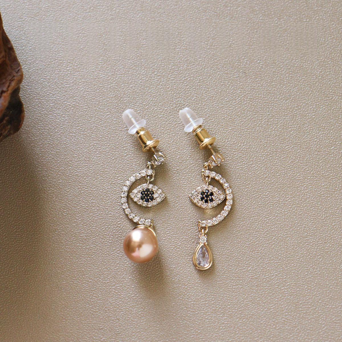 Asymmetric Micro-Set Zircon Evil Eye Earrings