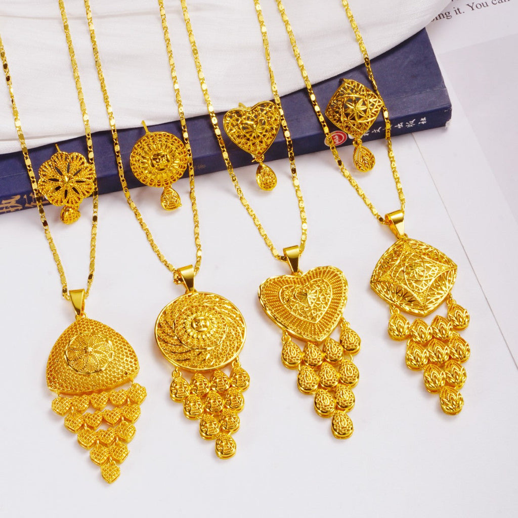 Huixing Copper Gold-Plated Dubai Cut Out Necklace Earrings Set Indian Bridal Necklace Jewelry Jewelry Set