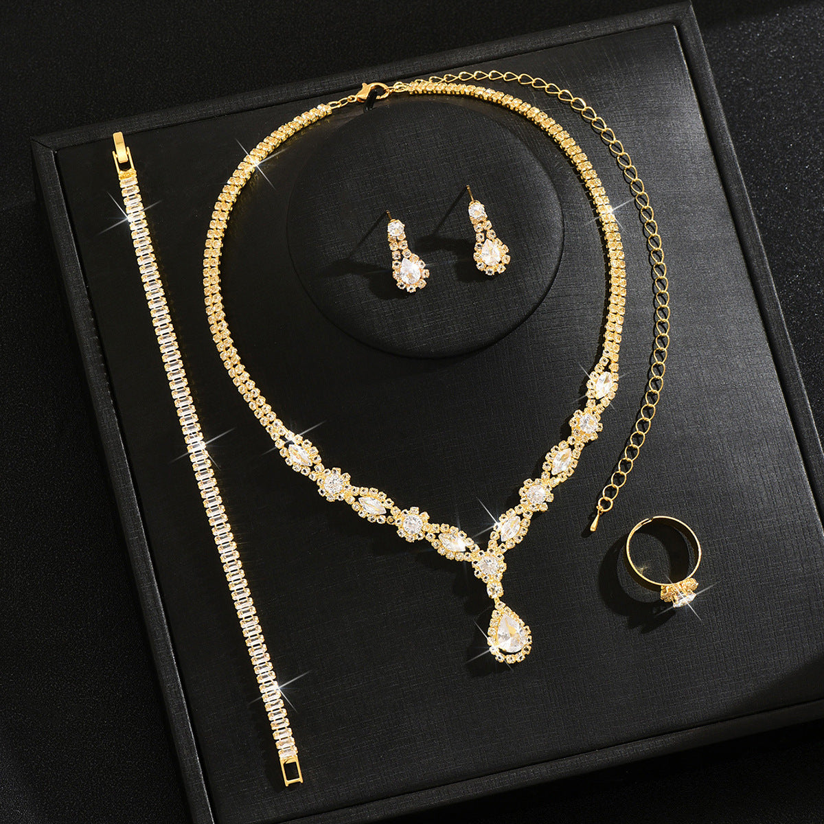 Women 4 Pcs Gold Tone Rhinestone Jewelry Set,Necklace Dangle Earrings Bracelet Ring,Glamorous Bridal Costume Accessories For Wedding Banquet Party Occasion