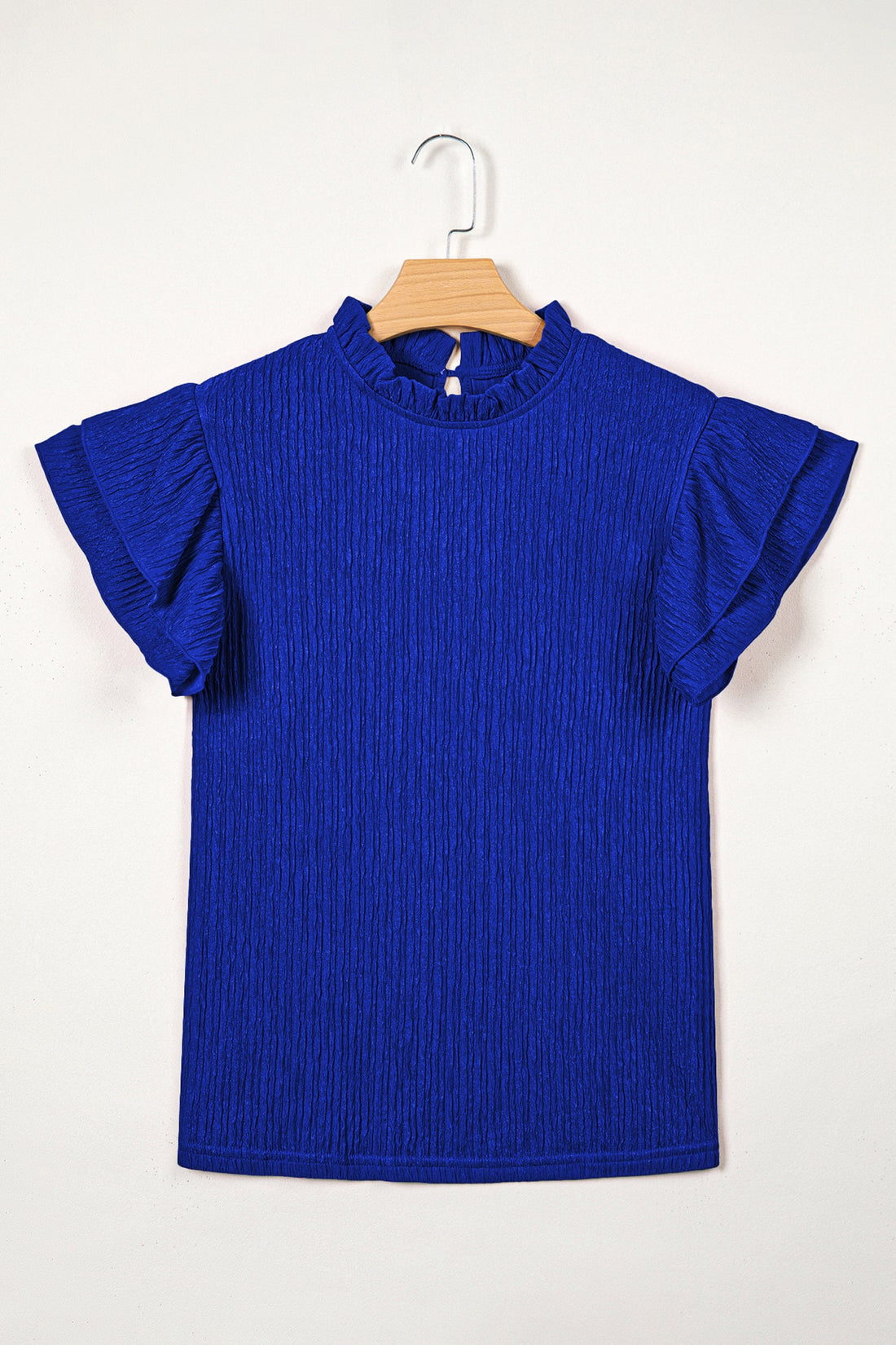 Solid Textured Ruffle Trim Short Sleeve Blouse - Feminine Top
