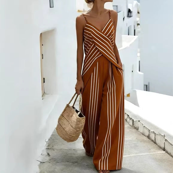 Women's Striped V-Neck Sleeveless Two-Piece Set White Black - Image 4
