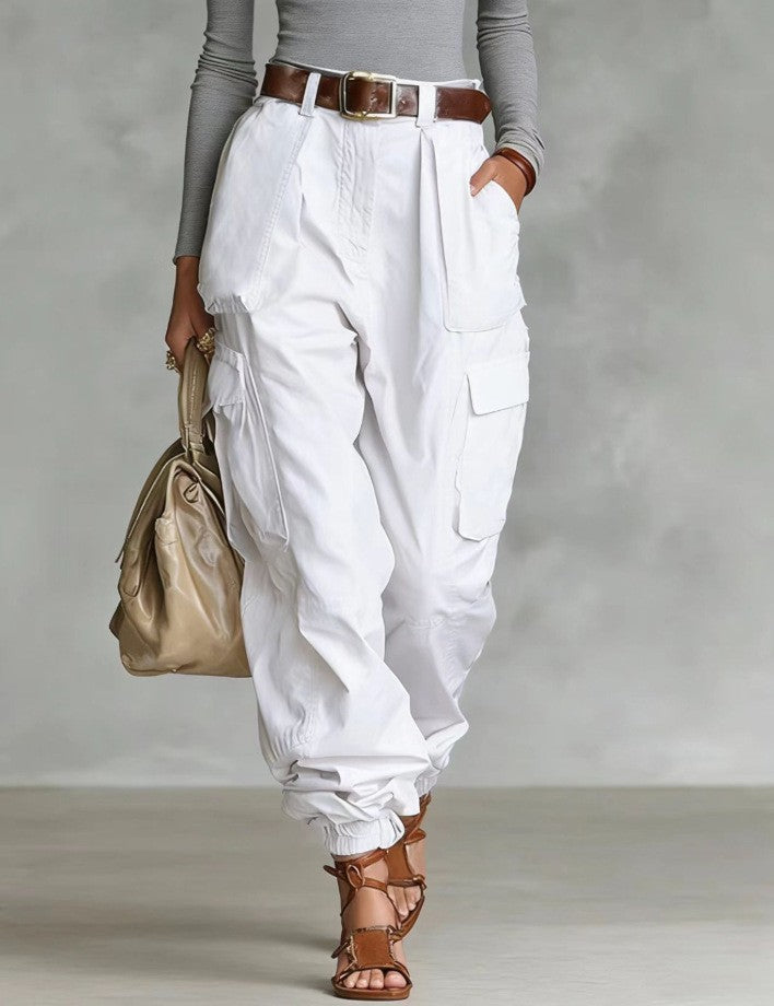 Women's High-Waist Beige Cargo Joggers with Elastic Cuffs - Image 14