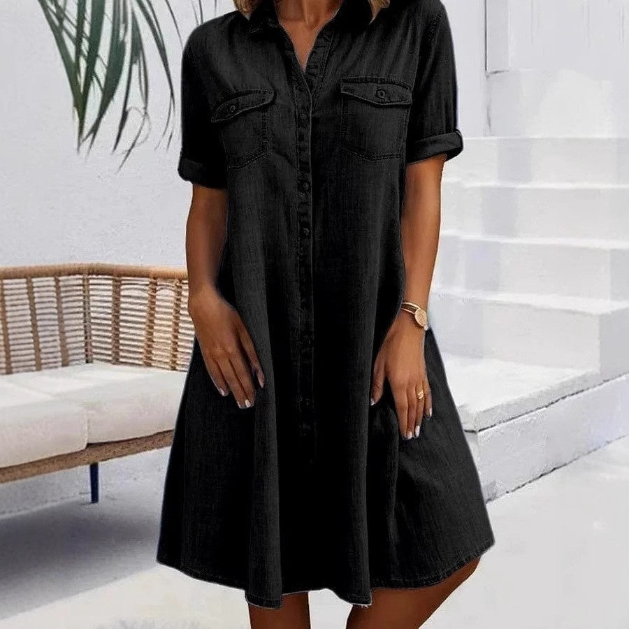 Casual Denim Maxi Dress with Regular Sleeves - Solid Color