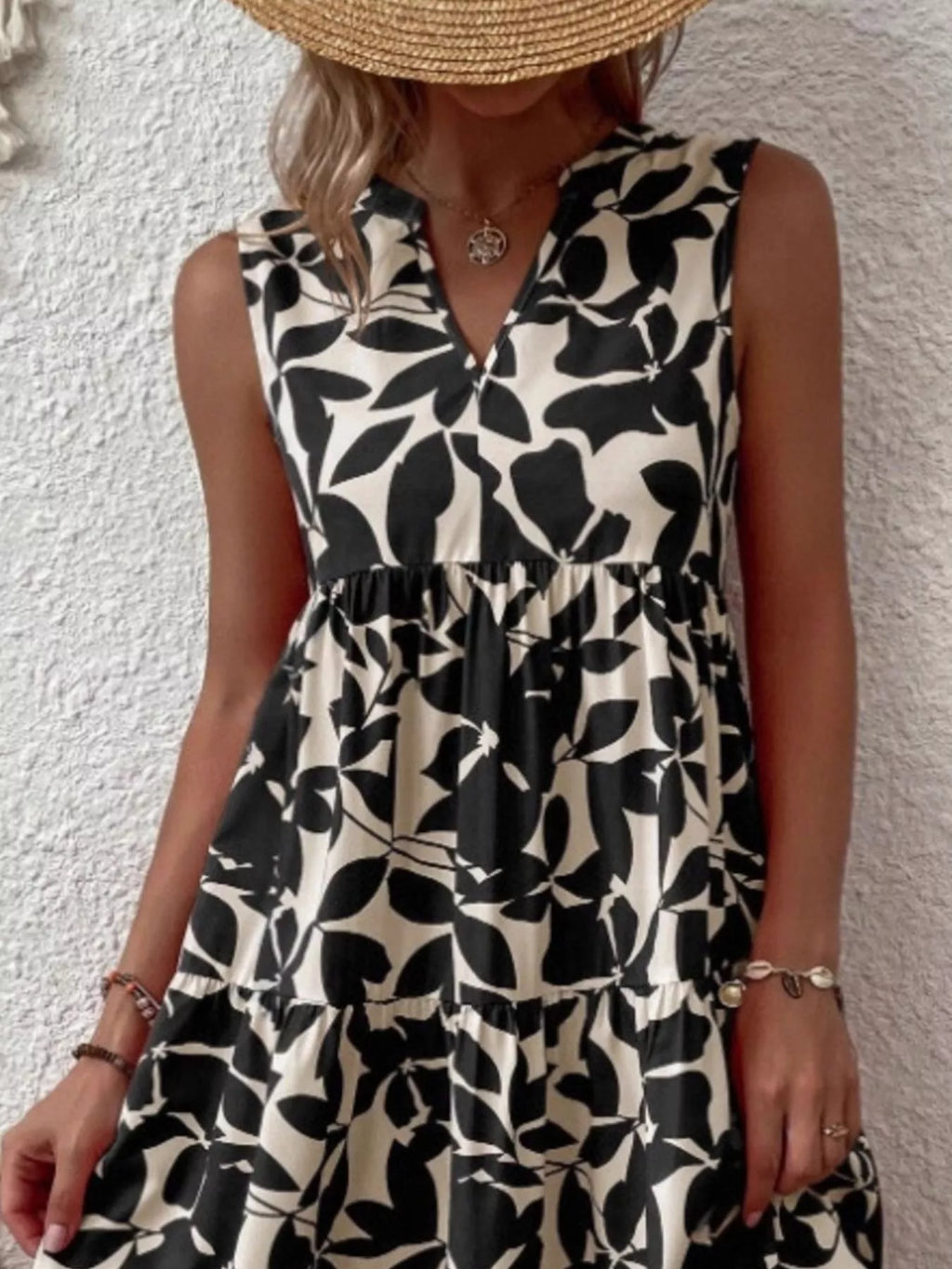 Full Size Printed Notched Sleeveless Mini Dress Plus Size