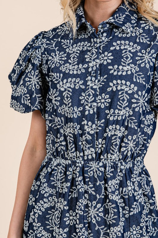 Leaf Pattern Eyelet Lace Puff Sleeve Midi Dress