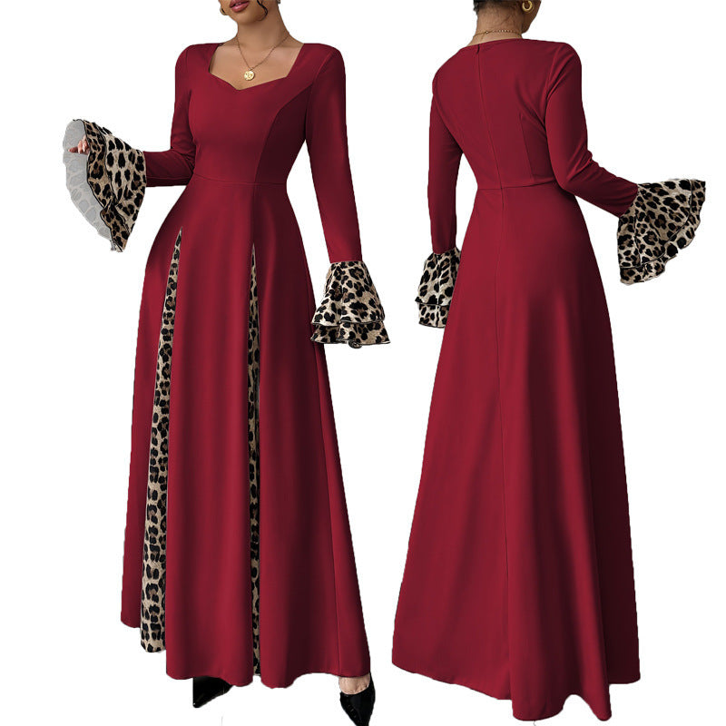 Burgundy Leopard Print Long Dress with Bell Sleeves