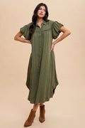 Olive green mineral washed shirt dress with puff sleeves