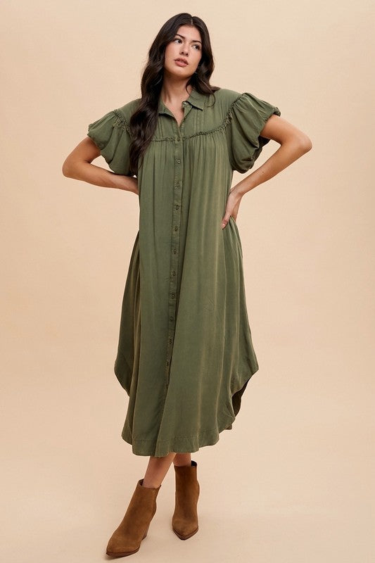 Olive green mineral washed shirt dress with puff sleeves