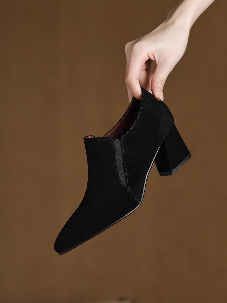 Women's Dark Brown Suede Pointed Toe Chunky Low Heel Pumps - Image 6