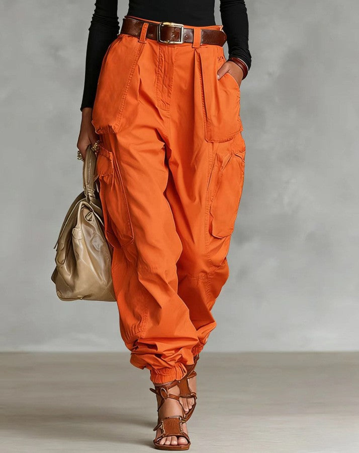 Women's High-Waist Beige Cargo Joggers with Elastic Cuffs - Image 10