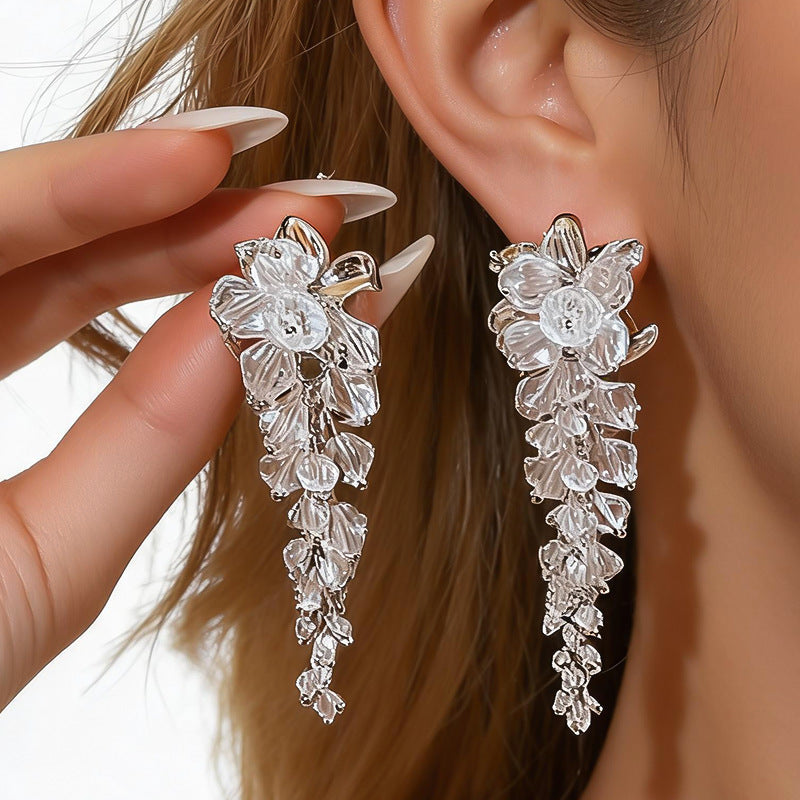 Women Iris Crystal Beaded Tassel Dangle Earrings,Niche Unique Heavy Craft Versatile Fashion Statement Jewelry For Daily Occasion