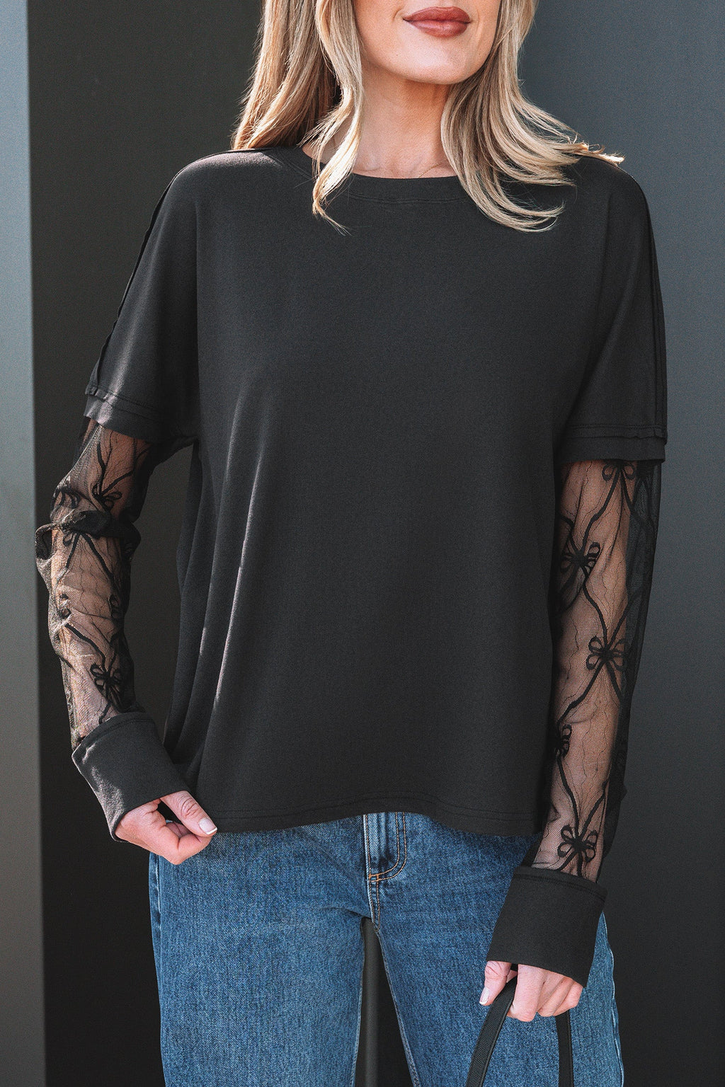 Women's Long Sleeve Tee with Sheer Patchwork & Bow Details