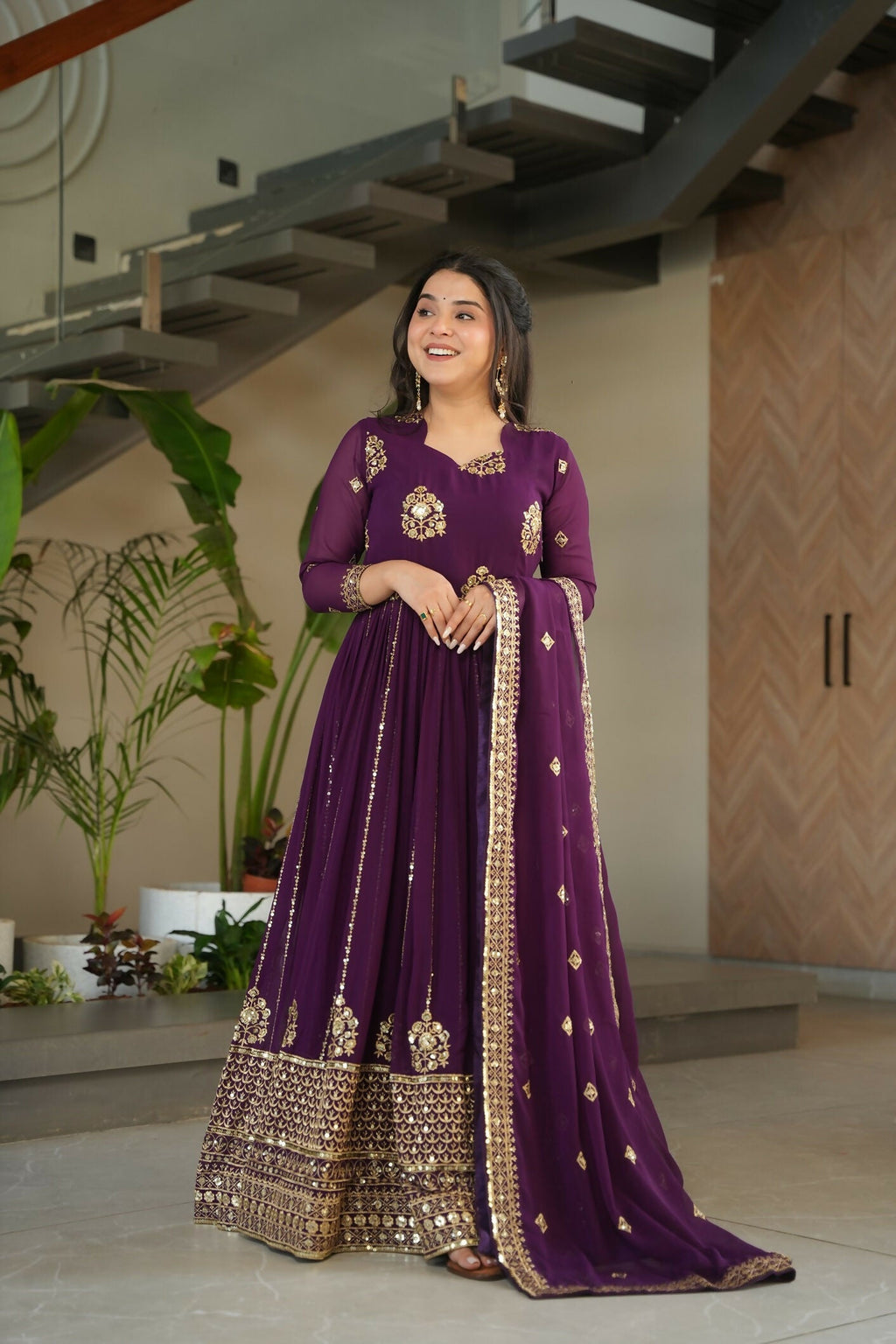 Wine Georgette Kurta Set with Detailed Sequence Embroidery