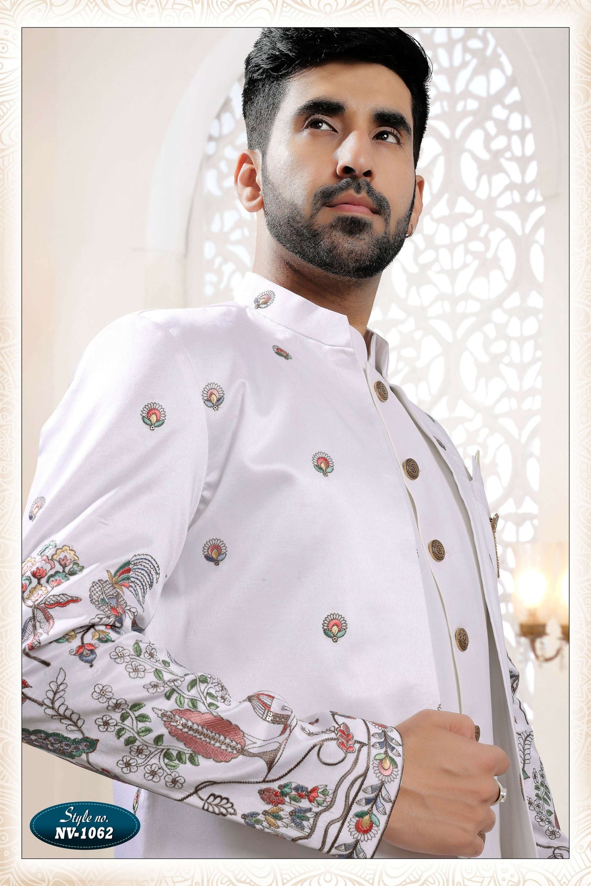 Men's White Straight Silk Kurta Set with Thread and Sequence Work