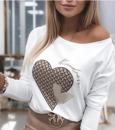 Women's Off-the-Shoulder Long Sleeve Heart Graphic Blouse - Image 6