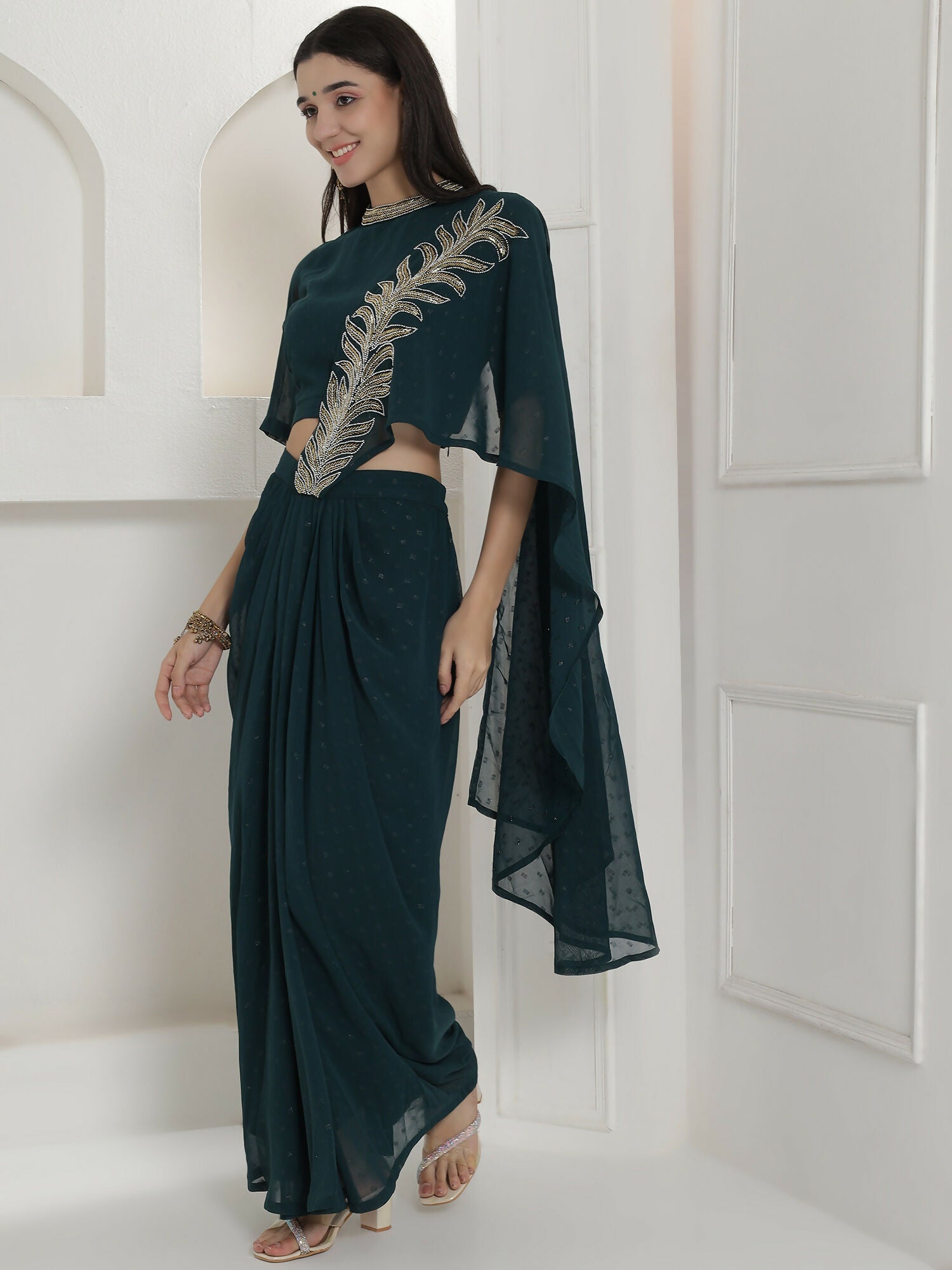 Green Georgette Drape Skirt Set with Hand Embellishment