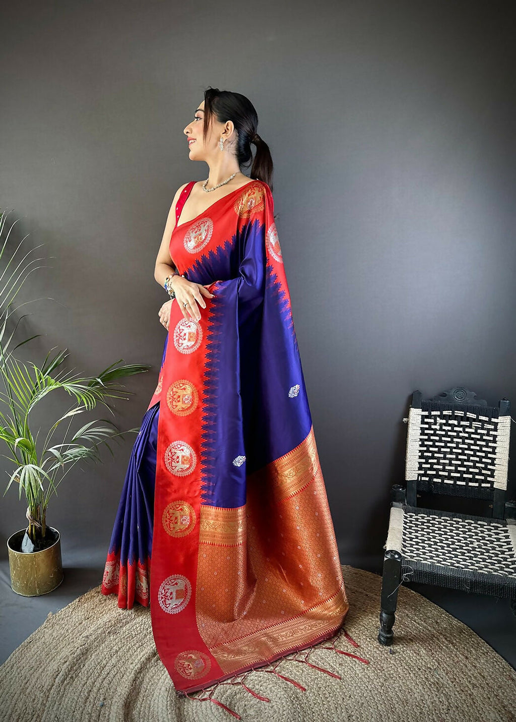 Red Butti Banarasi Soft Silk Saree with Unstitched Blouse