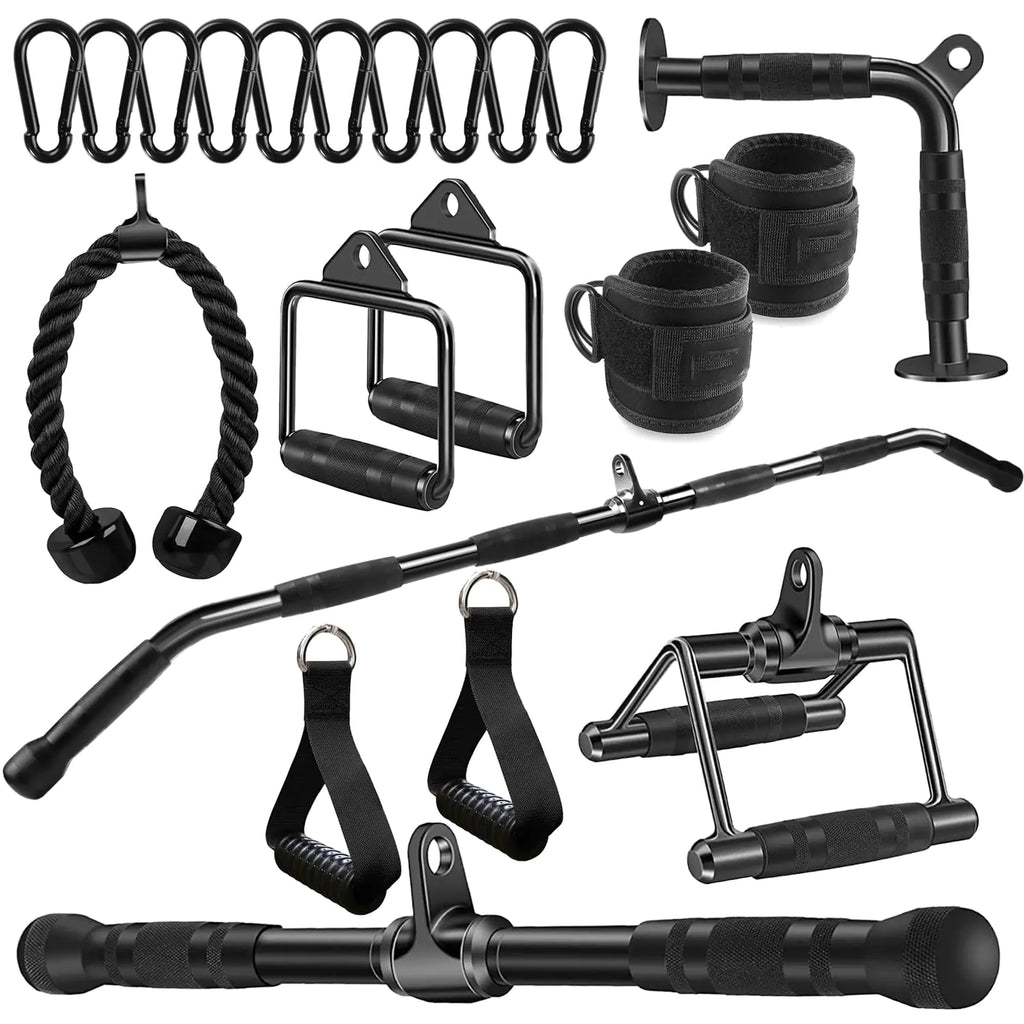 WNOEY 21 PCS Cable Attachments for Gym Set with 48 in LAT Bar LAT Pulldown Attachments Cable Machine Attachment Tricep Pull Down Attachment Home Gym Accessories Black
