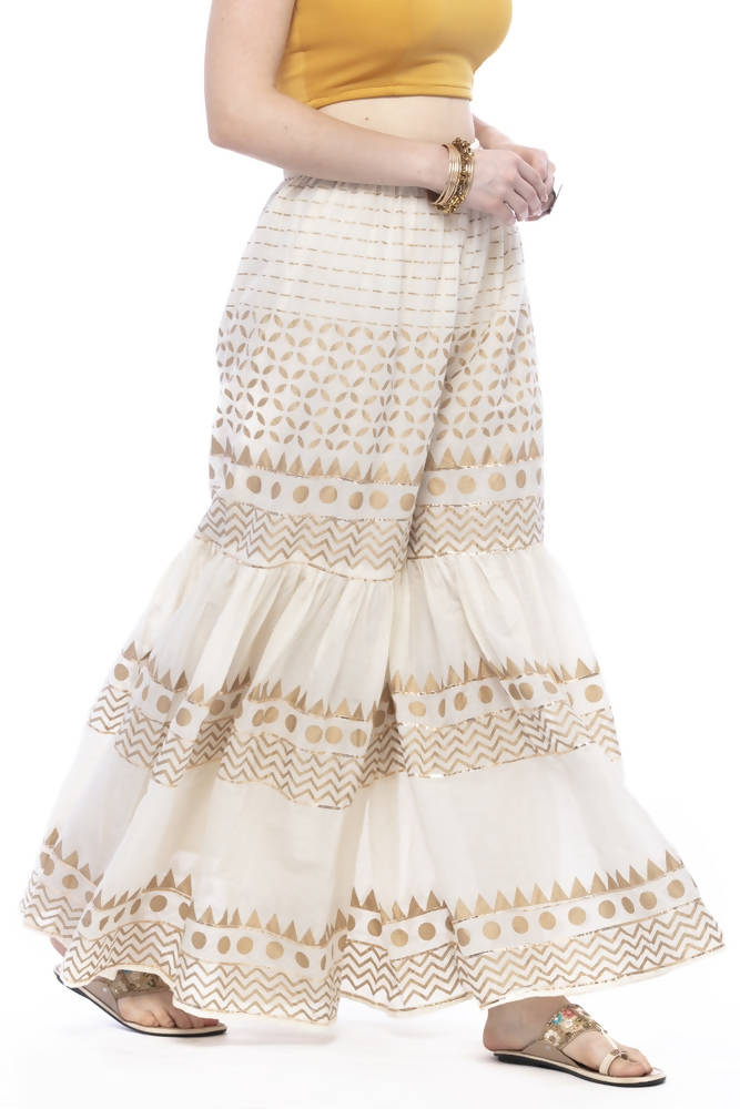 Off White Cotton Sharara with Gold Print and Gota Embellishments