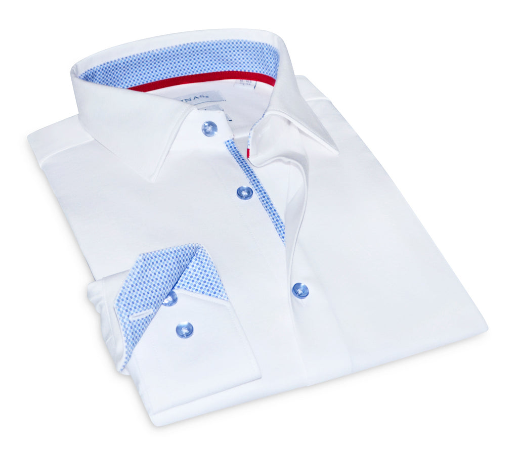 Scott// Cotton Knit-Stretch Button-Up Shirt With Contrast Details // White // Tailored Fit (Fitted)