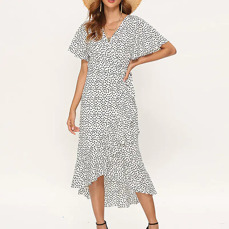 Women's Polka Dot High-Low Chiffon V-Neck Summer Wrap Dress - Image 22