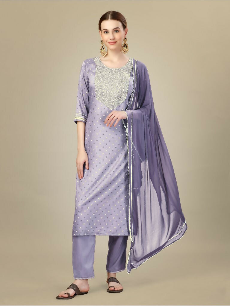 Lavender Silk Blend Embroidered Kurta Set with Trousers and Dupatta