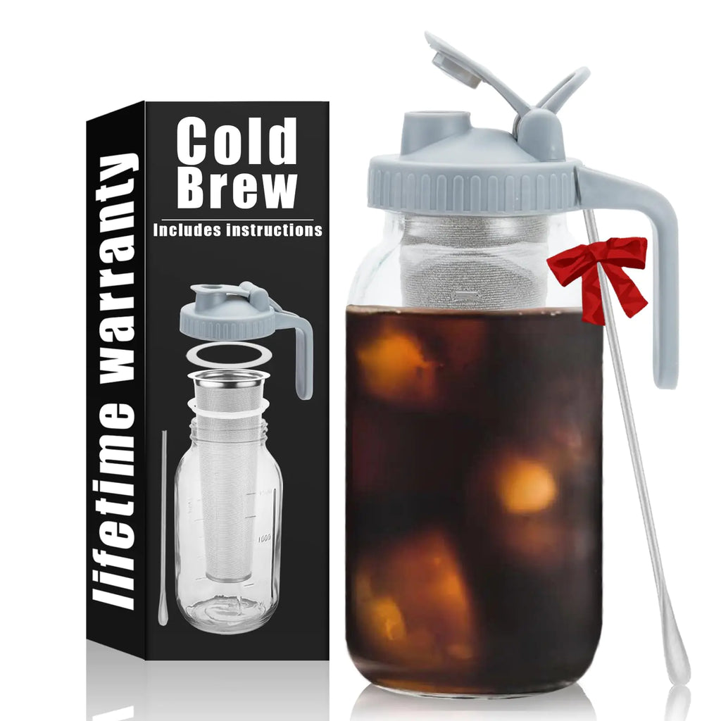 Cold Brew Coffee Maker Pitcher - 64oz Iced Coffee Maker with Stainless Steel Mixing Spoon & Super Dense Filter 3 Steps Finish Classic BPA Free Sturdy Mason jar Pitcher with Gray Lid Easy to Clean