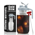 Cold Brew Coffee Maker Pitcher - 64oz Iced Coffee Maker with Stainless Steel Mixing Spoon & Super Dense Filter 3 Steps Finish Classic BPA Free Sturdy Mason jar Pitcher with Gray Lid Easy to Clean